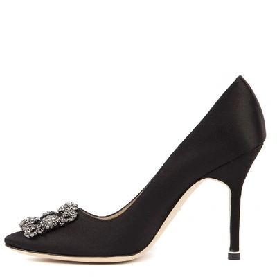 Shop Manolo Blahnik Hangisi Black Satin & Leather Pumps