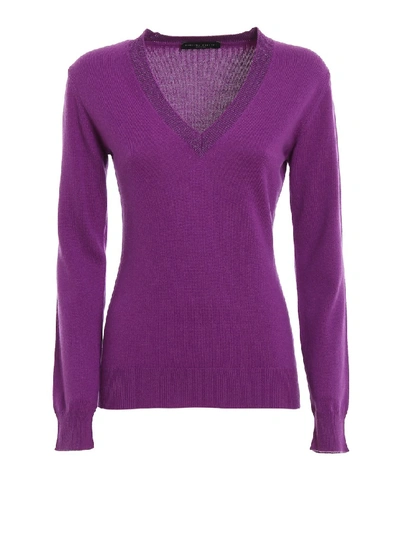 Shop Fabiana Filippi Lurex V Neck Merino Wool Sweater In Pink