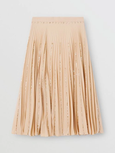 Shop Burberry Crystal Detail Plissé Soleil Stretch Cady Skirt In Sesame