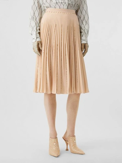 Shop Burberry Crystal Detail Plissé Soleil Stretch Cady Skirt In Sesame