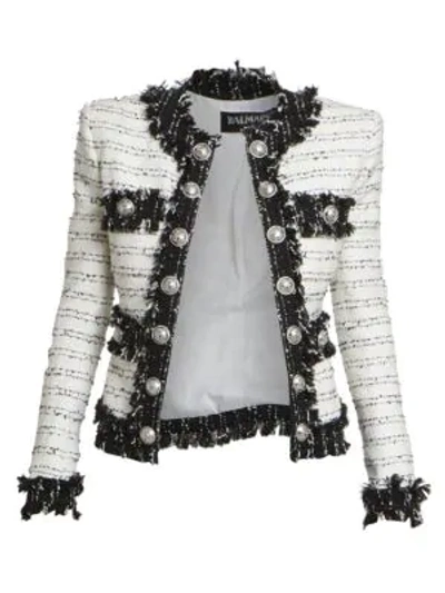 Shop Balmain Collarless Tweed Button Jacket In Blanc Noir