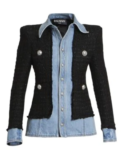 Shop Balmain Layered Denim Wool-blend Tweed Jacket In Blue Jean Noir