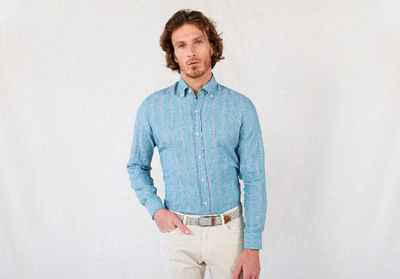 Shop Ledbury Men's Capehart Cotton Linen Stripe Casual Shirt Sea Green Cotton/linen