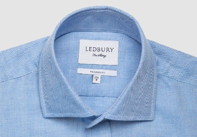 Shop Ledbury Men's Blue Caldwell Cashmere Herringbone Dress Shirt Cotton/cashmere