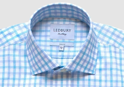 Shop Ledbury Men's Aqua Blue Wistrom Check Dress Shirt Cotton