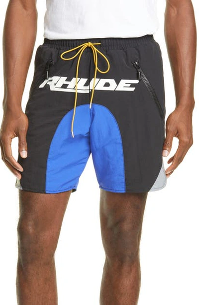 Shop Rhude Colorblock Nylon Athletic Shorts In Black/ Blue