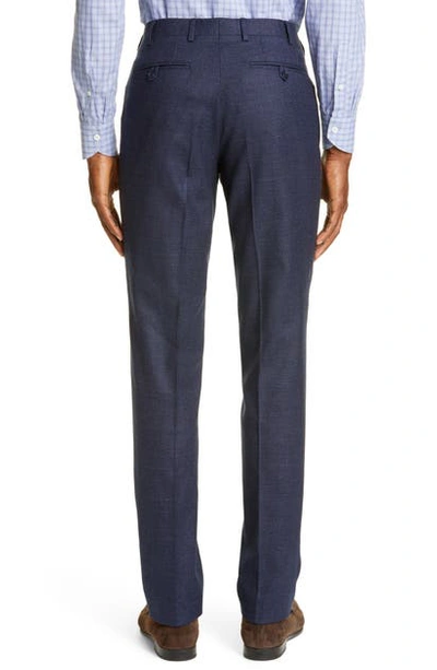 Shop Canali Flat Front Solid Stretch Wool & Cotton Dress Pants In Blue