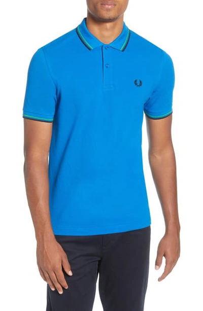 Shop Fred Perry Twin Tipped Extra Slim Fit Pique Polo In Blue/ Modern Green/ Black