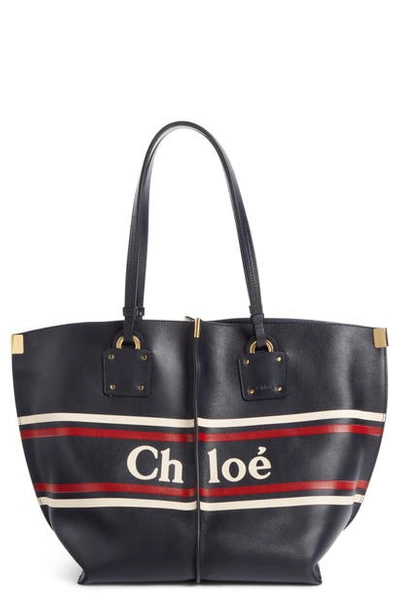 Shop Chloé Vick Logo Embossed Leather Tote - Blue In Full Blue