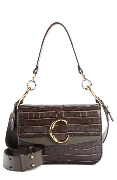 Shop Chloé Croc Embossed Leather Shoulder Bag - Brown In Profound Brown