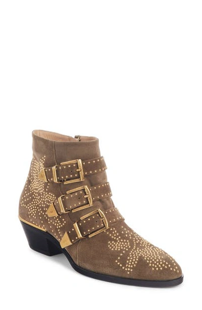 Shop Chloé Susanna Stud Buckle Bootie In Dark Greige