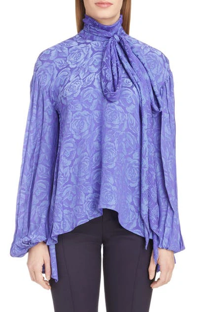 Shop Chloé Scarf Neck Crinkle Floral Jacquard Blouse In Bluish Violet