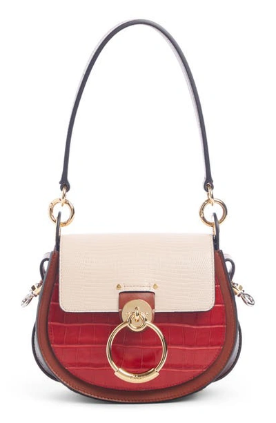 Shop Chloé Small Tess Croc & Lizard Embossed Leather Shoulder Bag - Red In Red/ Pink