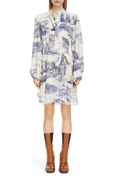 Shop Chloé Toile Long Sleeve Belted Silk Minidress In White - Blue 1
