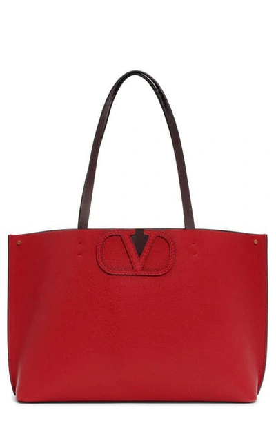 Shop Valentino Small V-logo Leather Tote In Rouge Pur/ Rubin