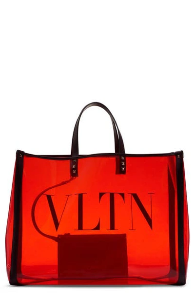 Shop Valentino Large Grande Plage Vltn Logo Clear Tote In Rouge Pur / Nero/ Rubin