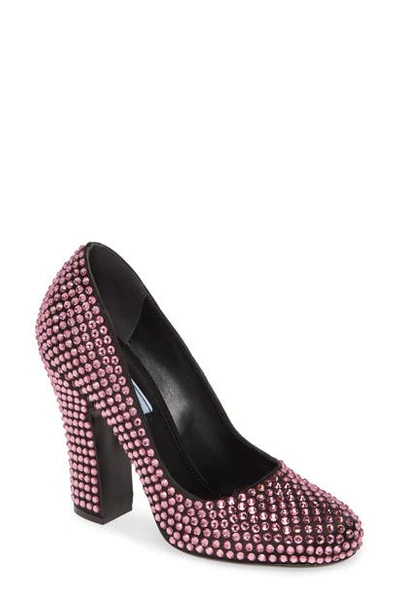 Shop Prada Crystal Embellished Round Toe Pump In Black/ Pink