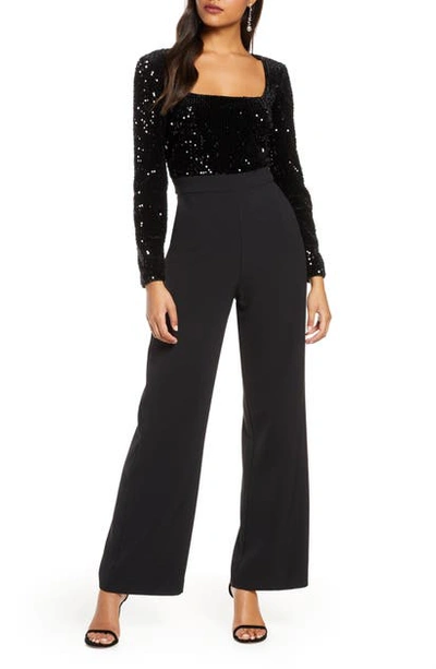 Shop Eliza J Sequin Long Sleeve Jumpsuit In Black