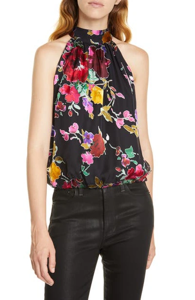 Shop Alice And Olivia Maris Halter Gathered Top In Painterly Floral Black