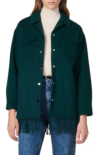 Shop Sandro Fringe Detail Wool Blend Jacket In Green