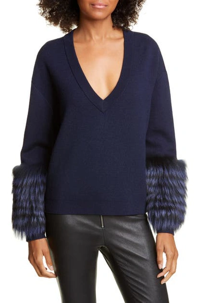 Shop Alice And Olivia Shiela Genuine Fox Fur Cuff Sweater In Sapphire