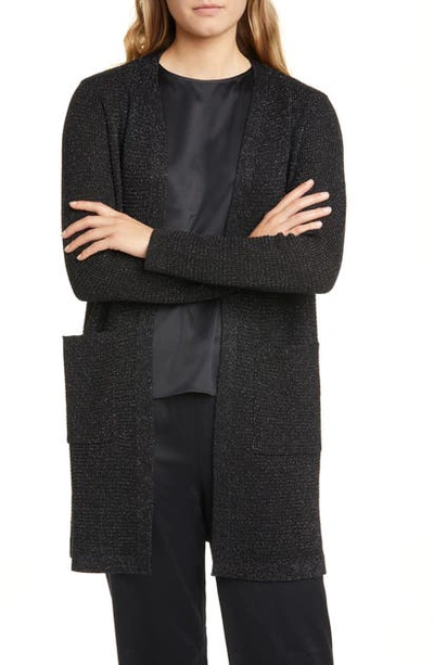 Shop Eileen Fisher Shimmer Merino Wool Blend Straight Long Cardigan In Black