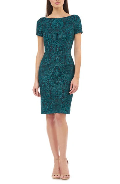 Shop Js Collections Floral Embroidered Cocktail Dress In Jade Navy