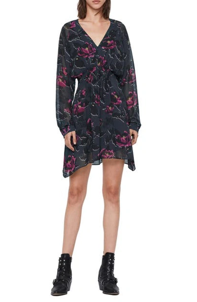 Shop Allsaints Nichola Rosalyn Floral Long Sleeve Asymmetrical Hem Dress In Washed Black