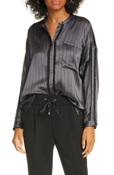 Shop Atm Anthony Thomas Melillo Stripe Silk Satin Shirt In Asphalt/ Black Combo