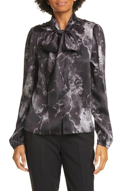 Shop Cami Nyc The Ellery Tie Neck Silk Charmeuse Blouse In Black Marble
