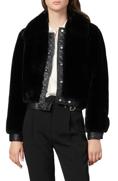 Shop Sandro Fauny Faux Fur Leather Detail Bomber Jacket In Black