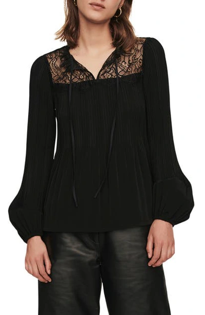 Shop Maje Lockette Lace Detail Long Sleeve Satin Top In Black