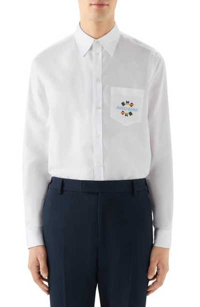 Shop Gucci Band Embroidered Cotton Button-up Shirt In White