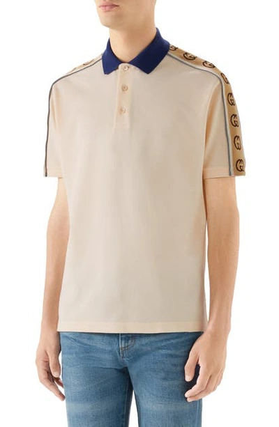 Shop Gucci Interlocking G Stripe Pique Polo In Ivory