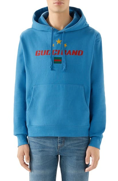 Shop Gucci Band Print Hooded Sweatshirt In Blue