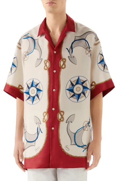 Shop Gucci Nautical Print Oversize Bowling Shirt In Red