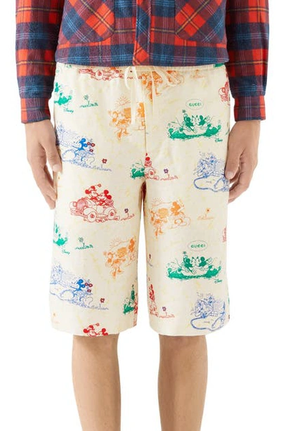 Shop Gucci X Disney Print Linen Shorts In Ivory