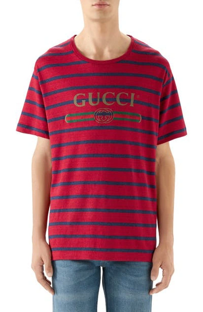 Shop Gucci Stripe Logo Oversize Linen & Cotton T-shirt In Red