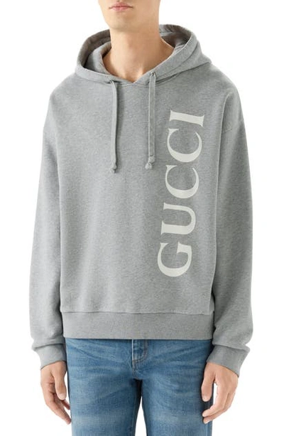 Shop Gucci Vertical Logo Cotton Hoodie In Grey