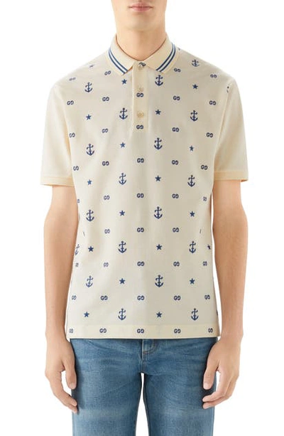 Shop Gucci Anchor Embroidered Pique Polo In Ivory