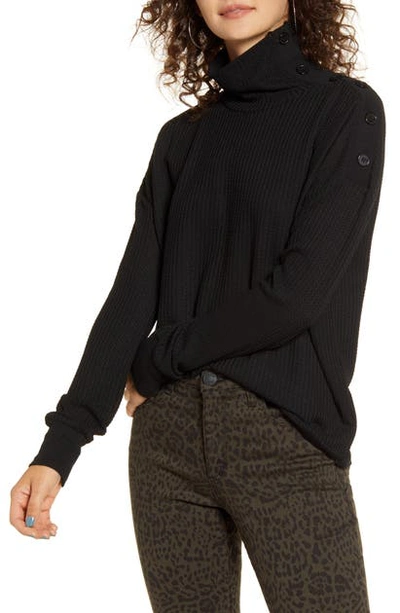 Shop Articles Of Society Button Turtleneck Thermal Knit Top In Black
