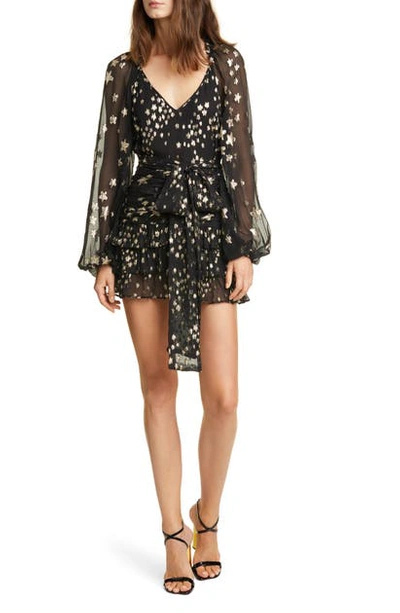Loveshackfancy Rina Ruffled Metallic Fil Coupé Silk-blend Chiffon Mini Dress In Black