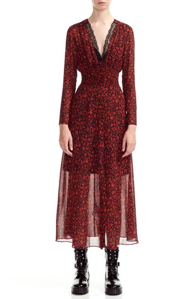 Shop Maje Ravila Long Sleeve Floral Midi Dress In Red