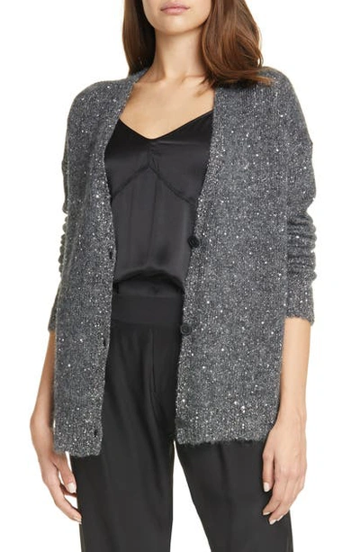 Shop Atm Anthony Thomas Melillo Sequin Metallic Cardigan In Charcoal/ Silver
