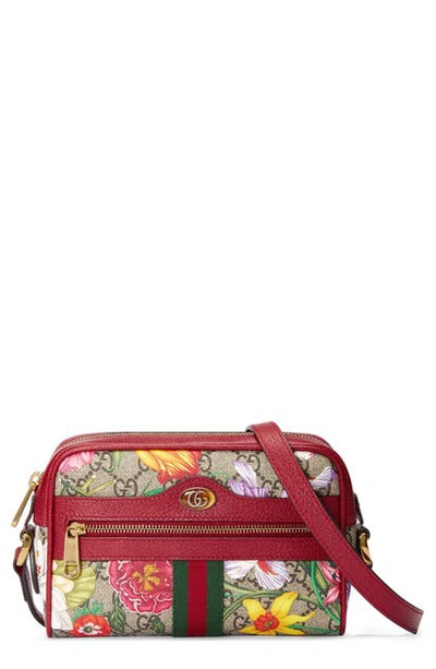 Shop Gucci Mini Ophidia Floral Gg Supreme Canvas Crossbody Bag In Beige Ebony/ Rosso/ Vert Red