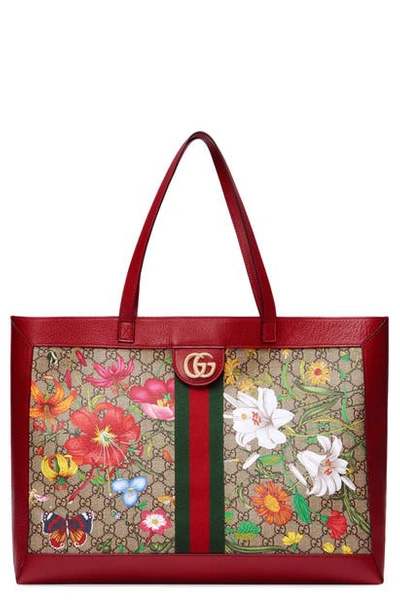 Shop Gucci Flora Canvas Tote In Beige Ebony Multi/ Rosso/red
