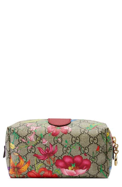 Shop Gucci Medium Ophidia Floral Gg Supreme Canvas Cosmetics Case In Beige Ebony Multi/ Rosso