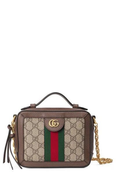 Shop Gucci Mini Ophidia Gg Supreme Canvas Shoulder Bag In Beige Ebony/acero/ Vert Red