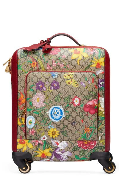 Shop Gucci Flora Canvas Carry-on In Beige Ebony Multi/ Rosso