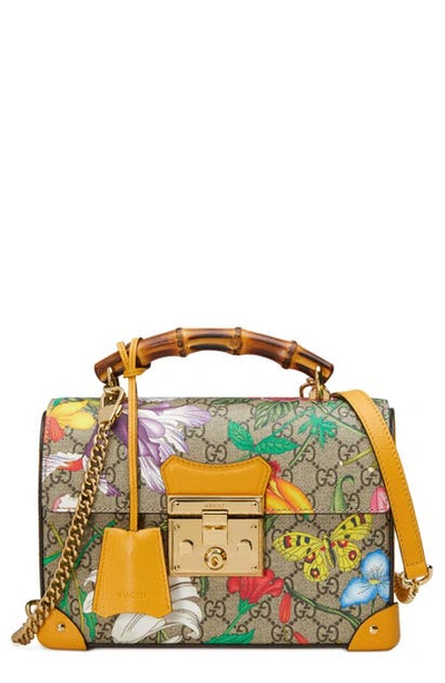 Shop Gucci Padlock Floral Bamboo Handle Canvas & Leather Shoulder Bag In Beige Ebony Multi/ Crop